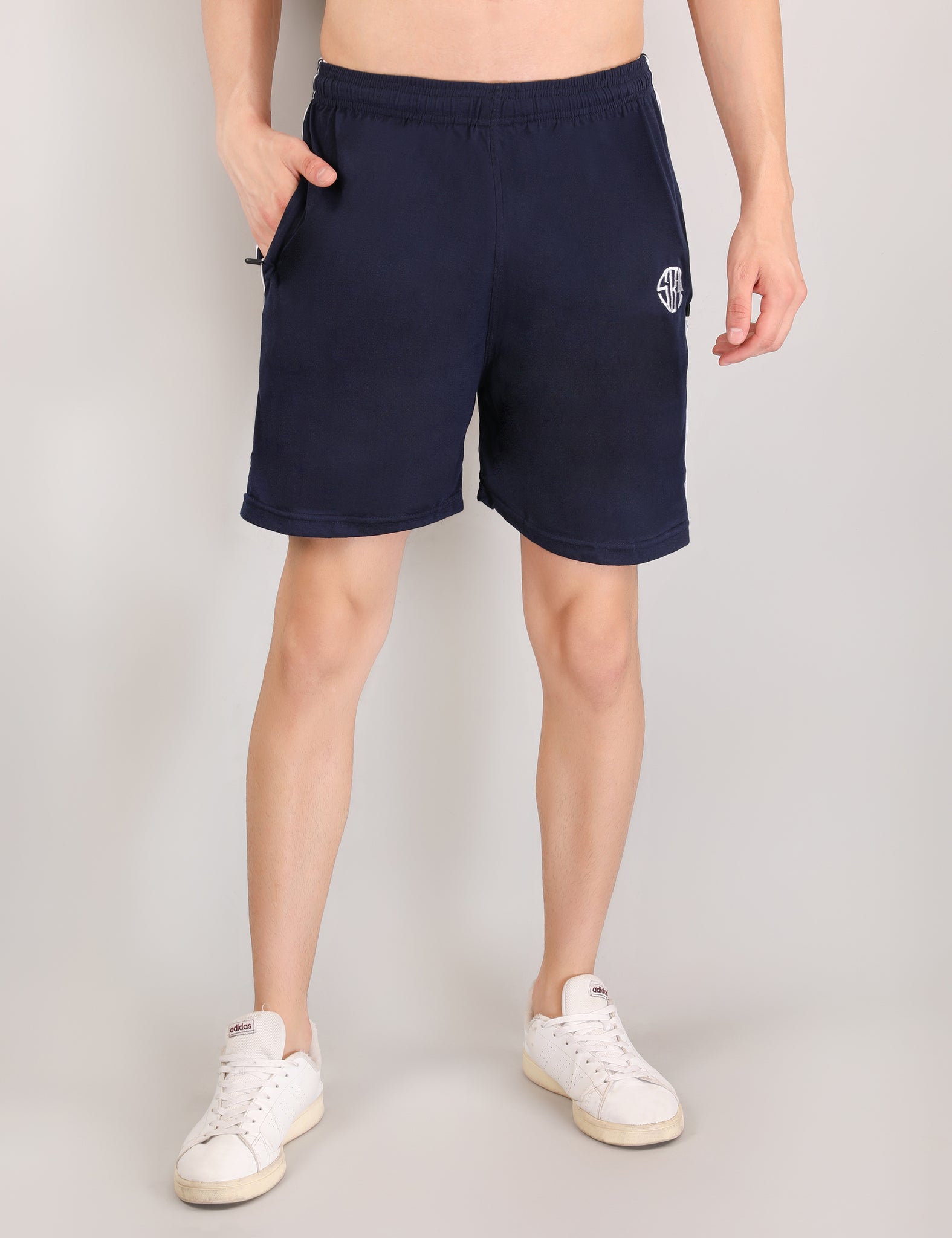 Men's Navy Blue Cotton Shorts with Zipper Pockets