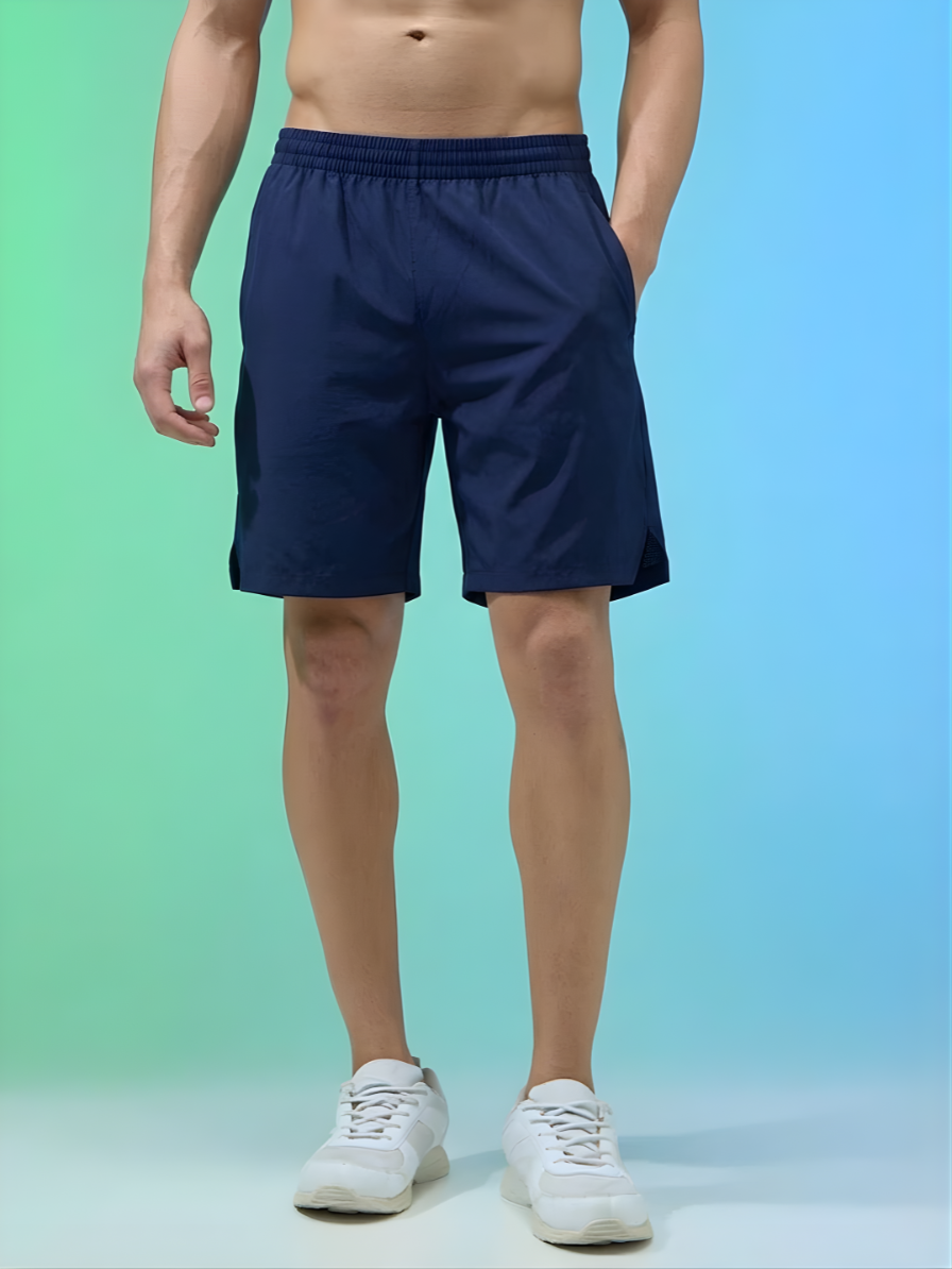 Front view of men’s navy blue gym shorts for running and training